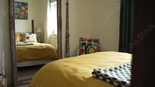 Colorful Bedroom With Stylish Decoration And a Large Decorative Mirror