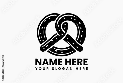 Elegant pretzel silhouette with salt crystal details in monochrome vector logo. Gourmet snack branding  