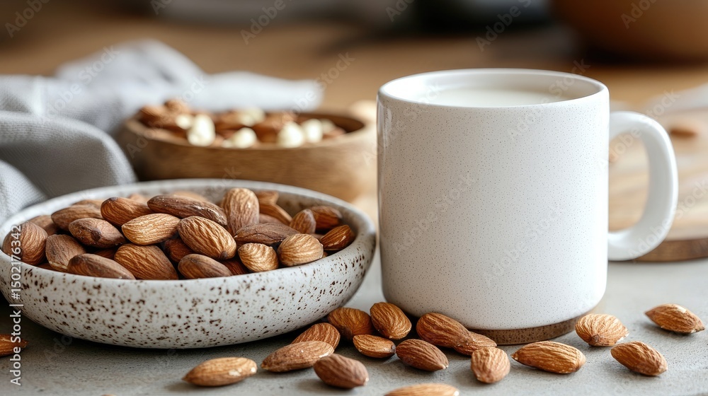 Fototapeta premium Clean setup with almond milk and almonds in minimalistic style