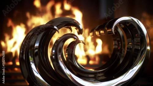 Metallic Wave Sculpture With Warm Fireplace Backdrop At Home
