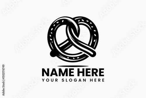 Minimalist black and white pretzel illustration with salt accents vector logo. Artisan bakery concept  