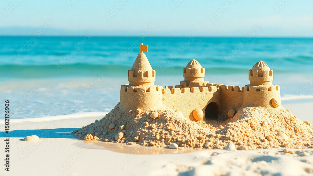 Naklejka premium Magnificent Sandcastle on a Sunny Beach A Summer Vacation Dream