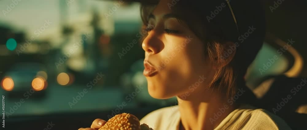 An Asian woman eating a hamburger in her car