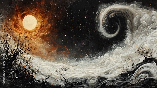 A Surreal Painting Comes Alive As Swirling Smoke and Ink Flow Off the Canvas Into a Sky Filled With Alien Stars and Bloom