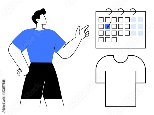 Person gestures at a calendar with marked dates, standing near a blank t-shirt. Ideal for organization, time management, fashion planning, personal goals, productivity, task scheduling, flat simple