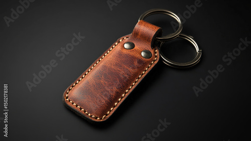 Close-up of a brown leather key fob.  Dark brown leather key tag with stitched edges and metal rings.  High-quality craftsmanship.  Dark background.  Simple design