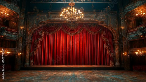 Grand theater stage with red curtain