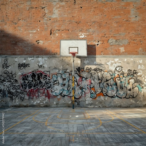 An urban basketball court with a basketball hoop at the center, set against a weathered brick wall covered in vibrant graffiti.