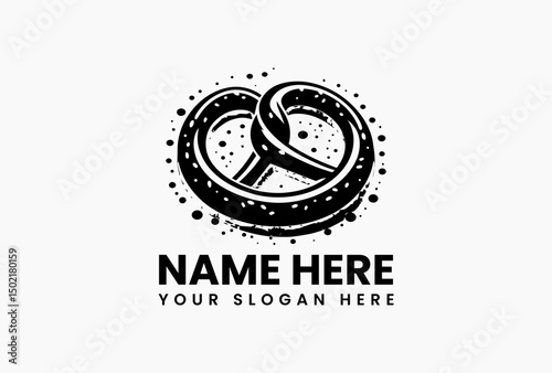 Minimalist black and white pretzel illustration with salt accents vector logo. Artisan bakery concept  