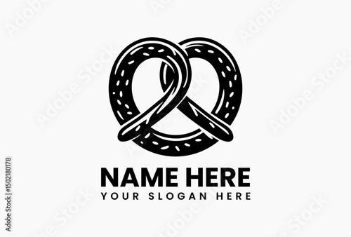 Minimalist black and white pretzel illustration with salt accents vector logo. Artisan bakery concept  