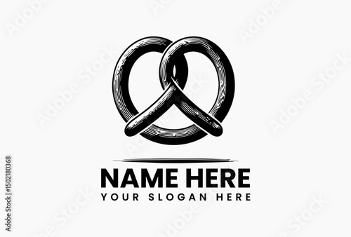 Classic pretzel vector logo with intricate salt detailing in stylized black and white. Bakery and snack food emblem  