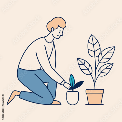 Green Thumb’s Embrace: An individual tends to their potted plant with love, the focus highlighting their delicate interaction with nature.