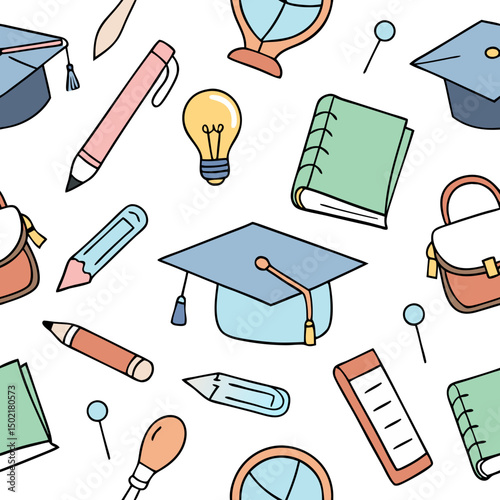 Academic Pattern: A whimsical illustrated pattern showcases an array of education-related symbols, from graduation caps to pencils, signifying learning, knowledge, and scholastic achievement.