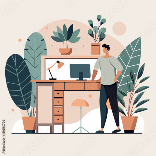 Man at Home Office Desk: A stylish illustration of a man standing near his home office desk surrounded by potted plants, conveying a sense of calm productivity and a modern workspace. 