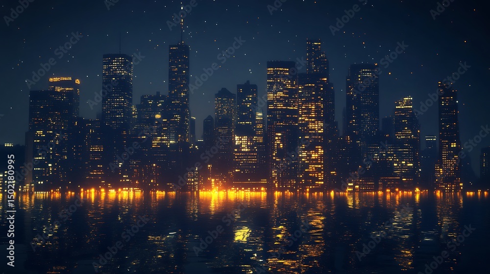 Fototapeta premium Illuminated city skyline reflecting on still water at night.