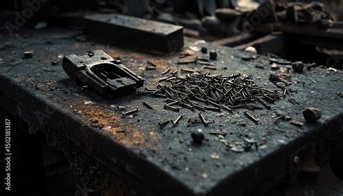 Close-up Shot of an Old Tool and Small Metal Nails Scattered on a Rough Tabletop