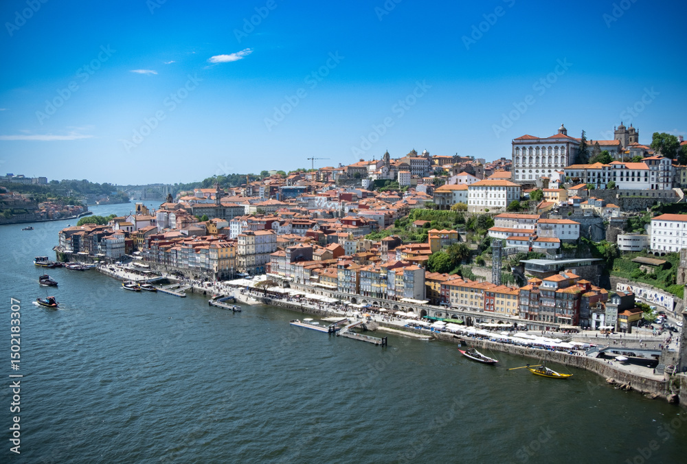 Obraz premium Wide angle cityscape of Porto, Portugal on a bright sunny day with blue sky., looking over the river Douro.