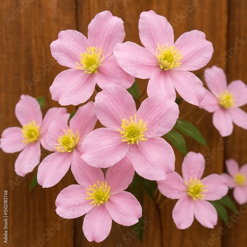 Close-Up of Pink Clematis Montana Flowers Blooming Against a Rustic Wooden Fence in Springtime