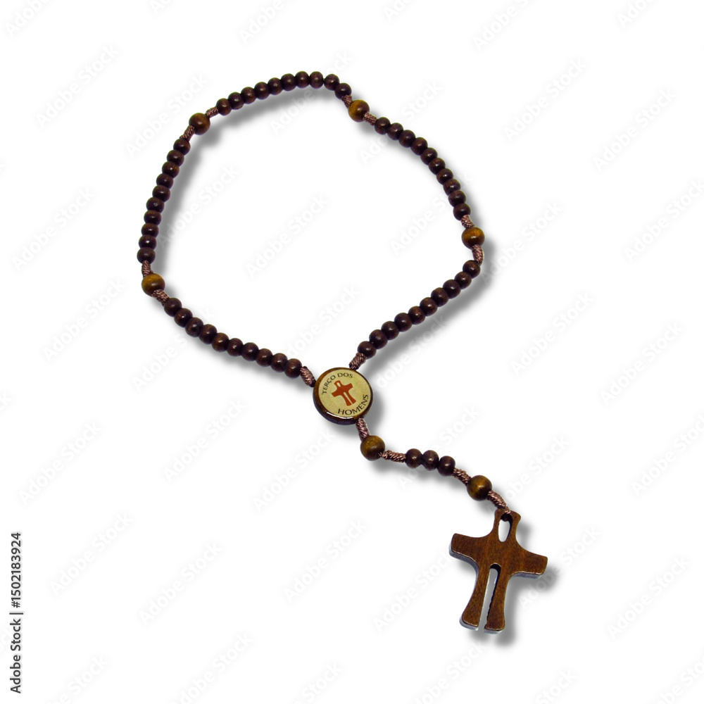 Naklejka premium Men's rosary made with wooden beads and nylon cord, displayed on a white background. A symbol of masculine devotion and Christian faith. 