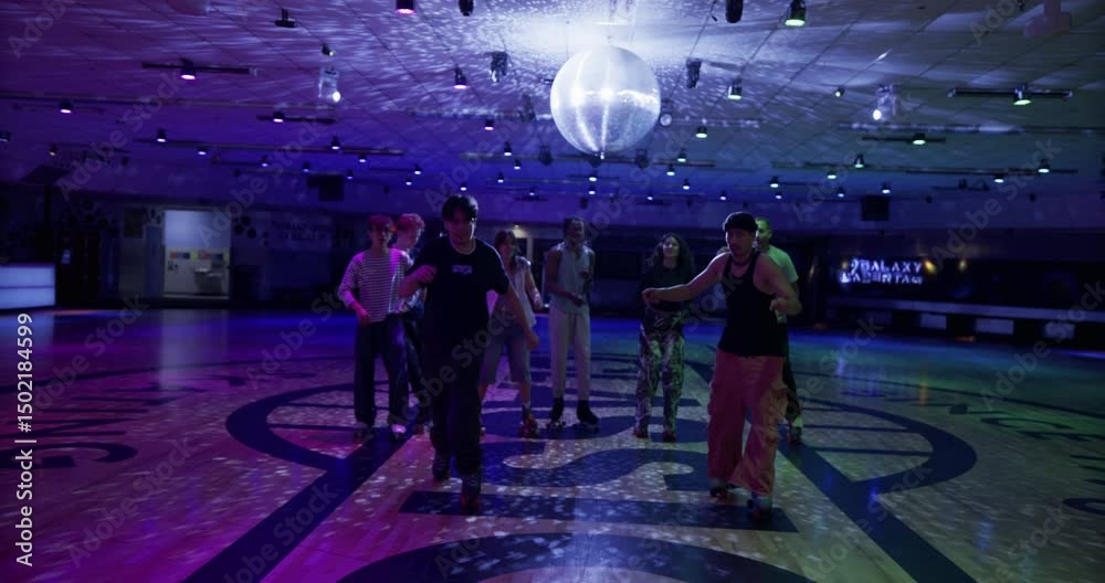 Friends cheering on two guys doing awesome tricks on roller skates with disco ball above them - epic slow motion shot