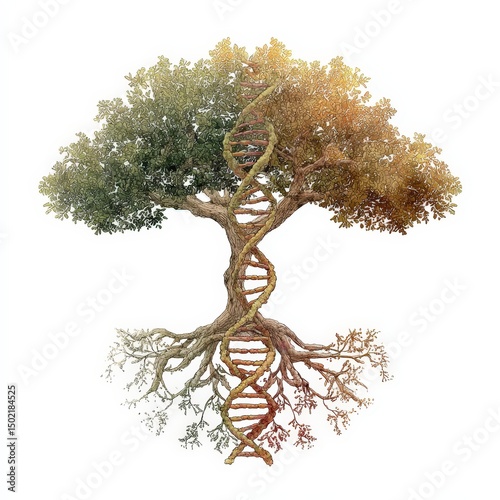 tree of health with roots shaped like DNA strands, symbolic medical illustration, stylized natural colors, isolated on white background