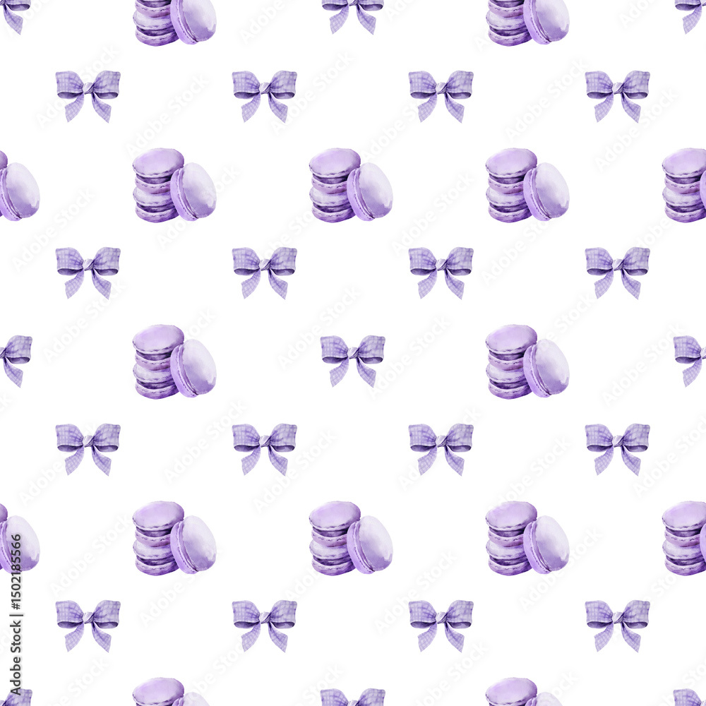 Watercolor seamless pattern with alternating lavender macarons and bows on white background. Watercolor seamless pattern with alternating lavender macarons and bows on white background.