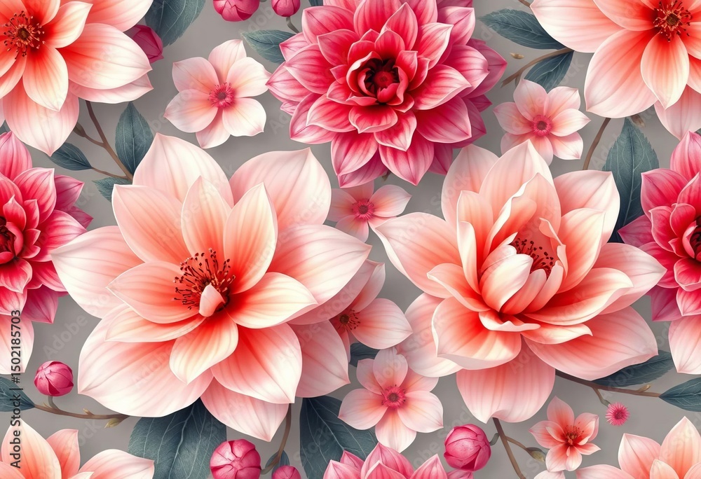 Obraz premium Elegant blooming oriental flowers, soft hues, seamless repeat pattern, seamless pattern, asian