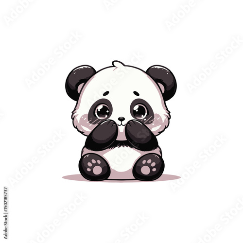 Cute cartoon panda sitting with hands on cheeks.