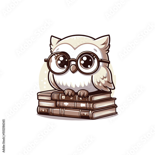 Cute owl wearing glasses perched on stacked books