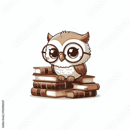 Cute owl wearing glasses perched on stacked books