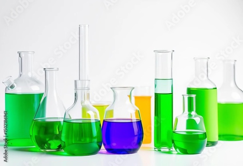 Green liquid in various lab glassware on white background , scientific, vial