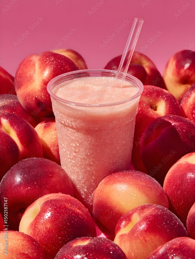 A refreshing peach smoothie sits in a plastic cup surrounded by many ripe juicy nectarines on a pink background. A refreshing peach smoothie sits in a plastic cup surrounded by many ripe juicy nectarines on a pink background.