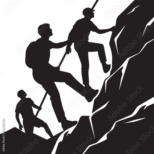 Men Climbing Rock Mountains Vector Illustration Silhouette on white background