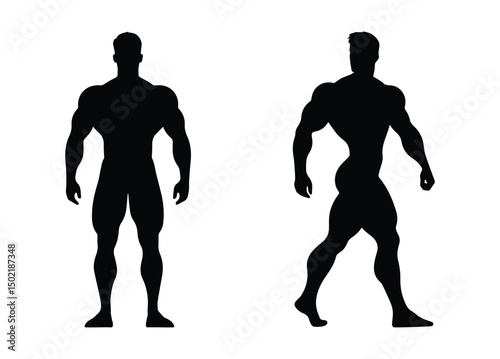 bodybuilder silhouette, set, man muscular, pumped up, simple flat, black on white