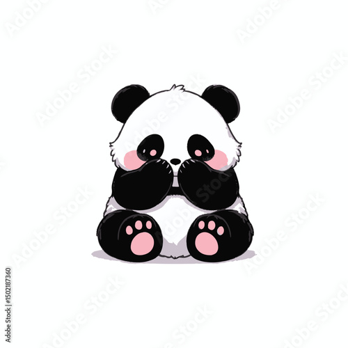 Cute panda sitting playfully with paws covering face