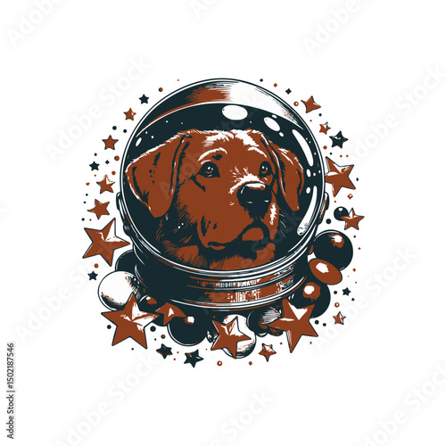 Dog in Space Helmet Surrounded by Stars and Planets 