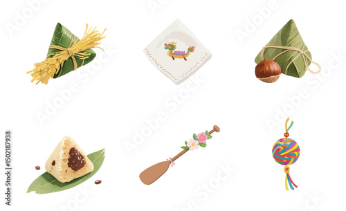 Vector watercolor Dragon Boat Festival customs and food, dragon boat racing, eating rice dumplings, giving gifts