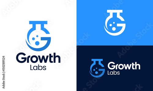 Grow lab logo design. Laboratory concept vector design with abstract initial letter G with modern arrow symbol graphic icon