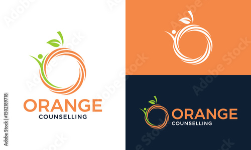 Healthy orange logo design. Abstract orange fruits concept vector design with people therapy symbol graphic icon