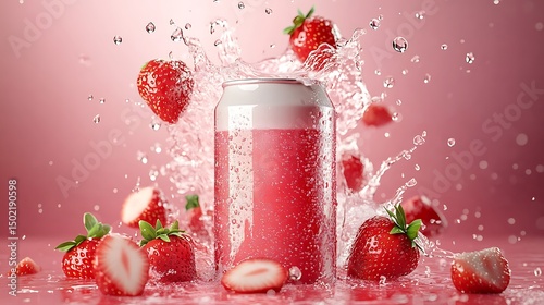 Fresh strawberries and a vibrant pink drink in a can.