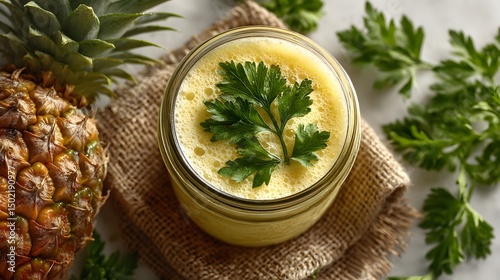 Refreshing pine parsley smoothie in a glass jar garnished with fresh parsley sprig on burlap cloth next to a whole pine.