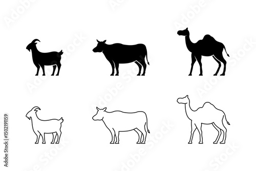 Silhouettes and outlines of a goat, cow, and camel on a white background.