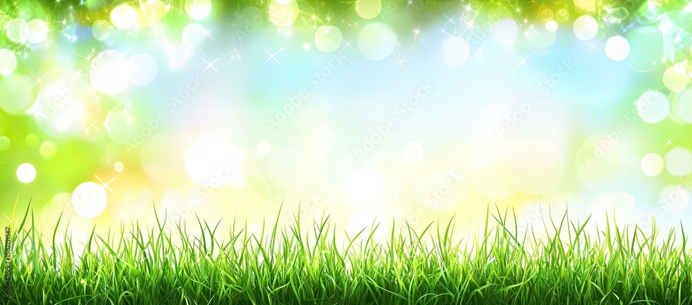Obraz premium Lush green grass at the base of a vibrant spring or summer background