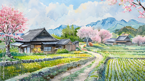 Fototapeta Naklejka Na Ścianę i Meble -  watercolor Peaceful Japanese countryside in spring cherry