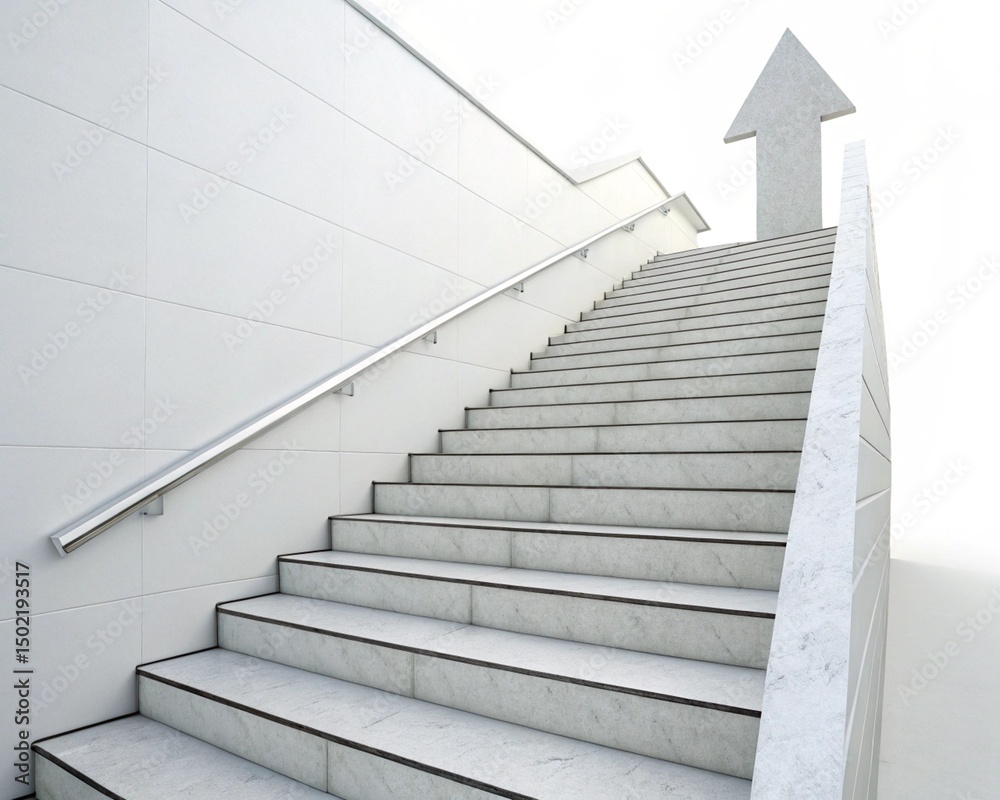 Fototapeta premium Business, career or personal growth concept. White stairs leading upwards to an arrow on a white background representing the concept of personal and professional growth. 3d render. 