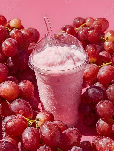 Wallpaper Mural Refreshing pink grape smoothie in a plastic cup surrounded by juicy red grapes on a vibrant pink background perfect for summer. Torontodigital.ca