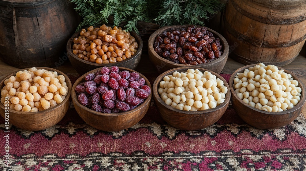 Fototapeta premium Dried fruit variety with rustic setting.