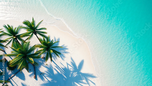 Aerial View of Tropical Beach Palm Trees, White Sand, and Turquoise Waters