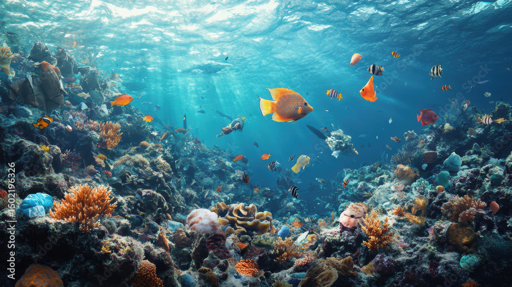 Naklejka premium aerial view underwater reef sunlight waters