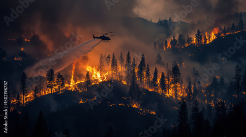 aerial view forest fire helicopter foreground